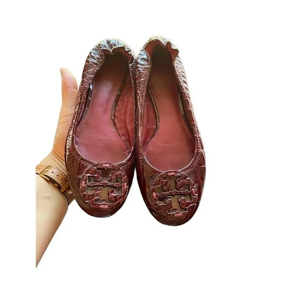 Tory Burch Minnie Travel Ballet Leather Burgundy Womens Casual US 6 M Slip Ons
